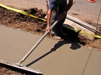 Worker using magnesium bull float on freshly poured concrete slab