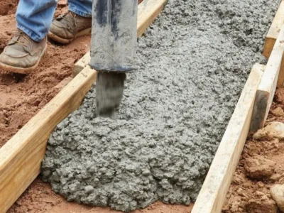 Construction crew guiding concrete from delivery chute into footing forms
