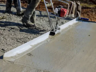 Concrete crew screeding fresh pour with straight edge board