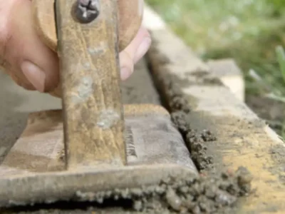 Concrete edging tool creating clean control joint in fresh slab