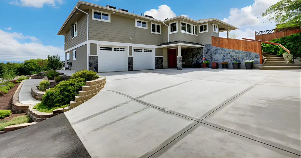 Freshly poured concrete driveway with smooth finish at suburban home