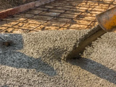 Fresh concrete being poured into rebar-reinforced formwork on job site