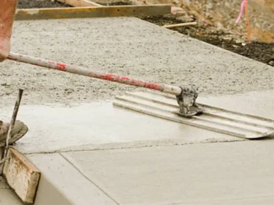Long-handle bull float being used to level large concrete pour