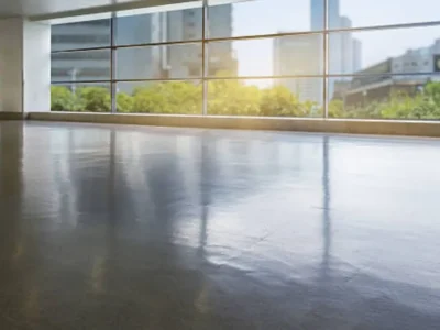 High-gloss polished concrete floor in open concept office building