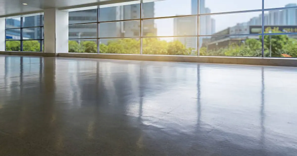 High-gloss polished concrete floor in open concept office building