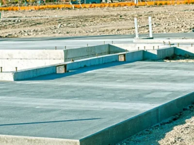 Completed residential concrete slab foundation with plumbing rough-ins visible