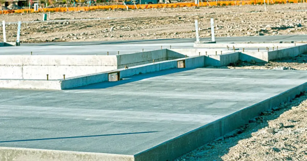 Completed residential concrete slab foundation with plumbing rough-ins visible