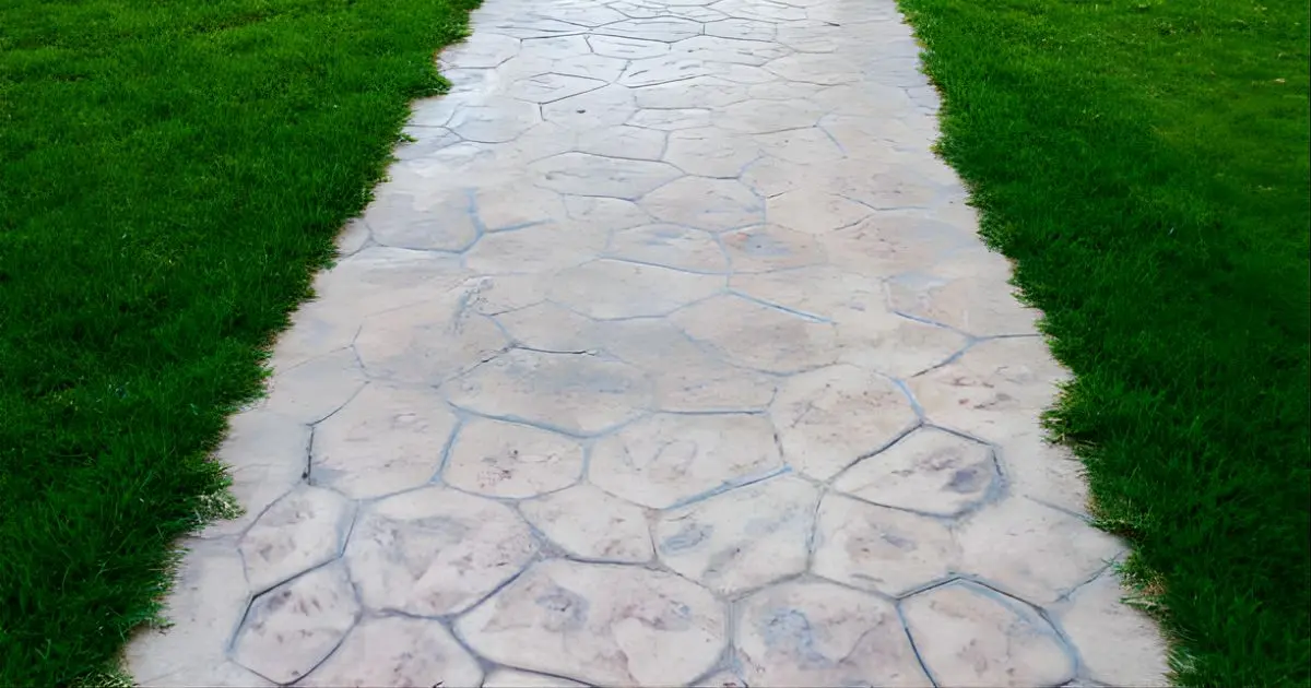 Stamped concrete garden path with natural stone pattern through yard