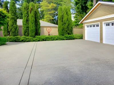 Wide concrete driveway leading to two-car garage on modern home