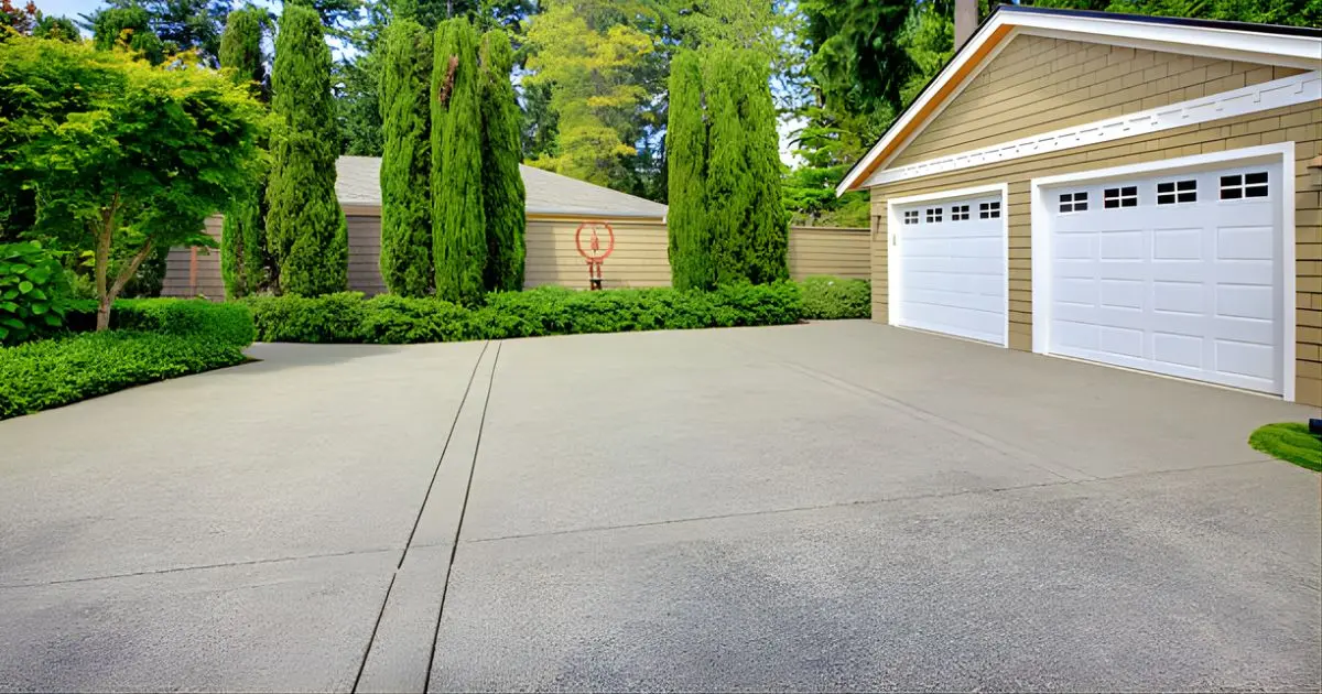 Wide concrete driveway leading to two-car garage on modern home