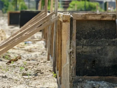 Wooden concrete formwork boards set up and braced for foundation pour
