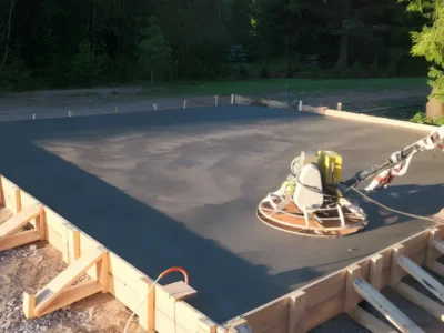 Construction worker using hand trowel to smooth wet concrete surface