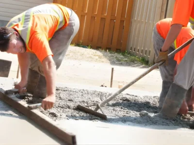 Workers pouring and finishing new concrete driveway at residential property