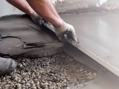 Workers using screed board to level concrete between forms
