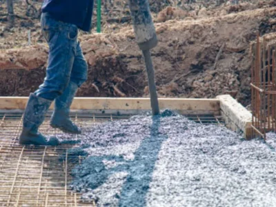 Workers spreading and leveling freshly poured concrete slab with shovels